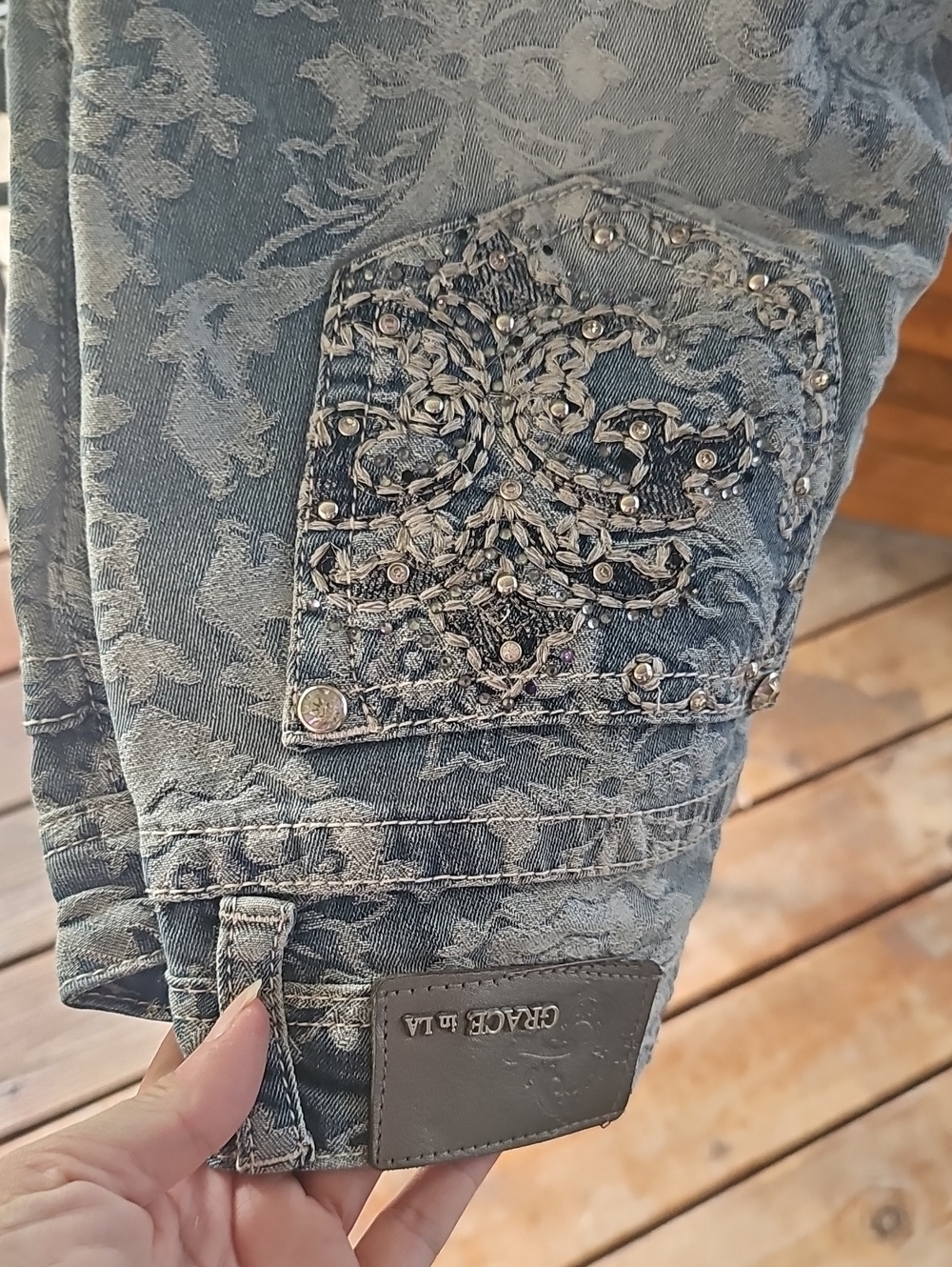 Grace in LA Embroidered Blue-Gray Denim Jeans with Studded Pocket